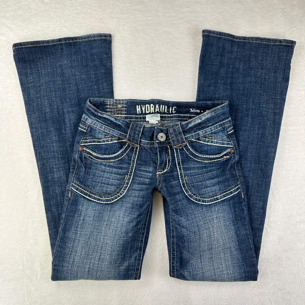 Hydraulic Jeans Womens Metro Boot Flare 3/4 Blue Low Rise Y2K Thick Stitch Denim